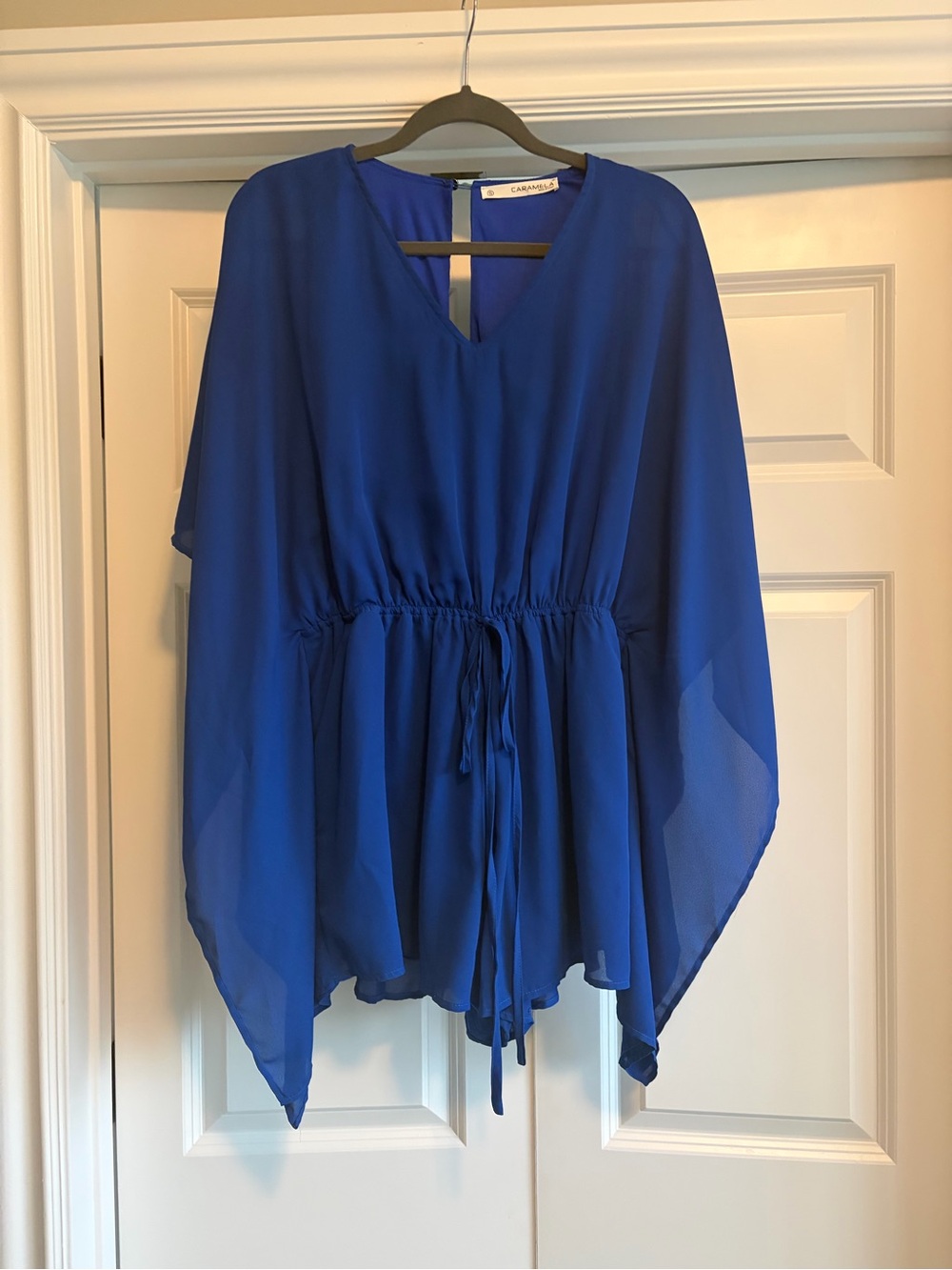 Caramel Royal Blue V-Neck romper with elastic tie waist with pockets